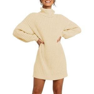 Women Turtleneck Long Lantern Sleeve Casual Loose Oversized Sweater Dress Size M